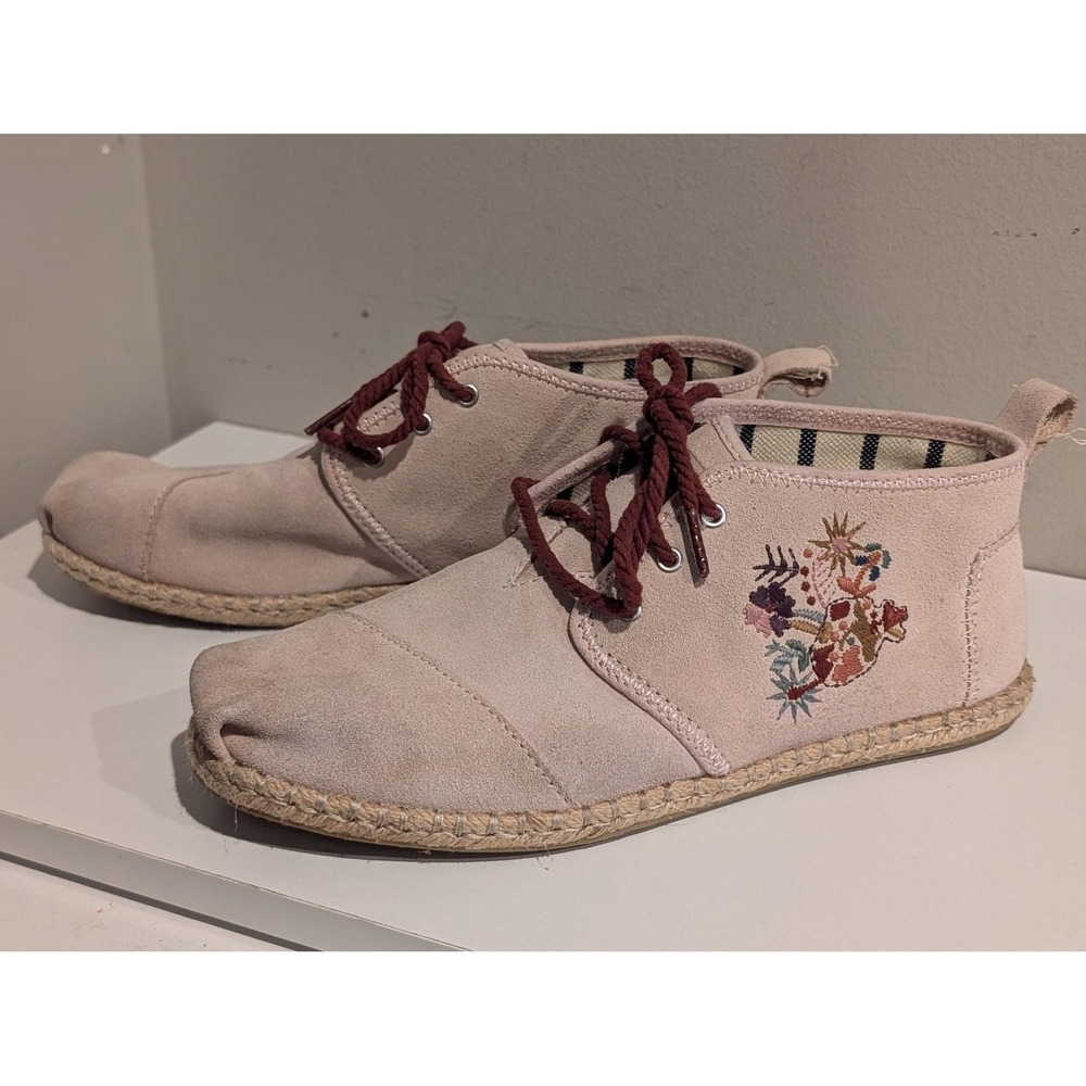 TOMS Bota Floral Embroidered Ankle Booties Womens Size 8.5 Pink Suede Lace Up